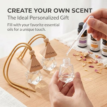 2-Pack Rhombus Refillable Hanging Car Diffuser Empty Glass Bottle | Wood cap hanging aroma pendant with dropper, holds essential oils for car home closet office - size: Rhombus - 2PCS