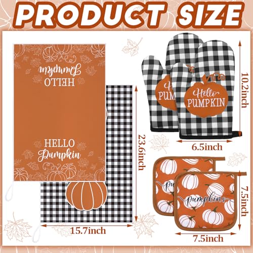 Leinuosen 6 Pack Fall Thanksgiving Kitchen Set with 2 Hello Pumpkin Dish Towels, 2 Pot Holders and 2 Buffalo Plaid Oven Mitts for Gifting, Baking and Cooking - color: Rich Color, style: Pumpkin