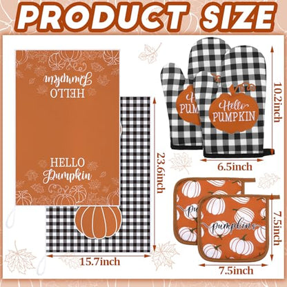 Leinuosen 6 Pack Fall Thanksgiving Kitchen Set with 2 Hello Pumpkin Dish Towels, 2 Pot Holders and 2 Buffalo Plaid Oven Mitts for Gifting, Baking and Cooking - color: Rich Color, style: Pumpkin