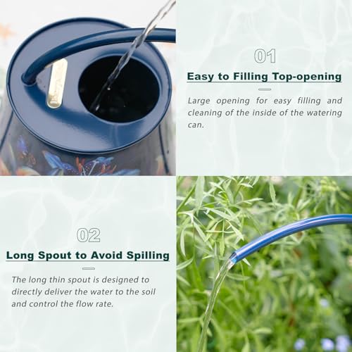 Berry&Bird 2L Long Spout Watering Can, Stainless Steel (Lilium Brownii) | 2L stainless steel watering can, long narrow spout, elegant print, curved handle, leakproof, houseplant watering & decor - color: Lilium Brownii