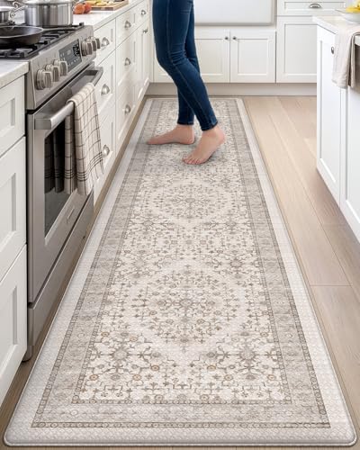 DEXI Kitchen Floor Mats Cushioned Anti Fatigue Runner Rug, 23x107 Long | Beige/White Soft Comfort Memory Foam, Easy Care, Waterproof, Standing Padded for Front Sink Laundry Office Farmhouse - color: Beige/White, size: 107"L x 23"W x 0.4"Th
