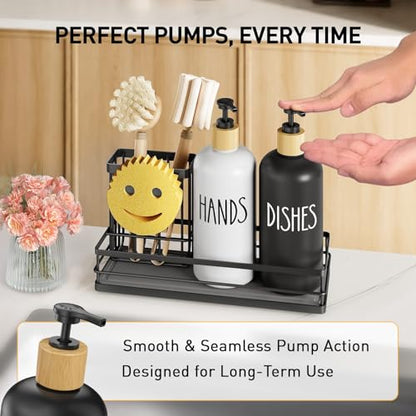 Moforoco Kitchen Dish Soap Dispenser Set, 16OZ Glass Bottle, Hand and Dish Soap Dispenser Set, Instant Dry Tray, Brush Holder with Smiley Face Sponge Holder (Black Tray+Black&White Bottle) - color: Black Tray+black&white Bottle