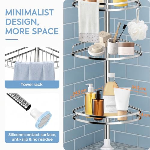 Corner Shower Caddy Tension Pole, 4-Tier SS Bathroom Storage Rack | shower pole caddy corner, 4-Tier Stainless Steel Bathroom Storage Rack, No-Drill Adjustable Shower Shelves for RV doom studio