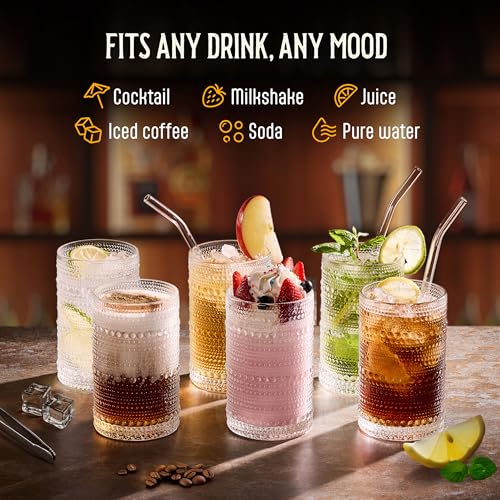 12 Oz Hobnail Drinking Glasses Set of 6 - Clear Multipurpose Glassware Sets, Decorative Glasses Drinking Set for Bar, Kitchen, Cocktail Glassware - w/Straws, Brushes, Ice Cubes, & Cloth Bag