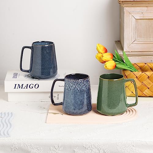 Large Ceramics Coffee Mugs,24 OZ,With Spoon And Wooden Lid,For Coffee,Tea,Cocoa,Large Handle Design,Microwave And Dishwasher Safe(Color:24 oz green set) - color: 24 oz green set