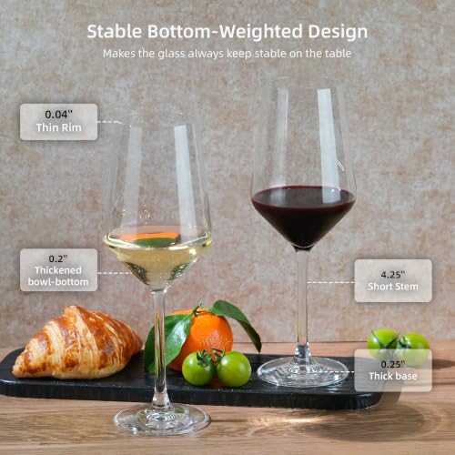 Crystal Wine Glasses Set of 4, 14oz for White Wine, Sturdy Bowl, Thin Rim | 100% Lead-free crystal, 0.2" thickened bowl with 0.04" thin rim, stury short stem, fits for daily sipping, gatherings, gifts