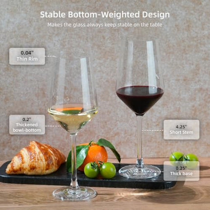 Crystal Wine Glasses Set of 4, 14oz for White Wine, Sturdy Bowl, Thin Rim | 100% Lead-free crystal, 0.2" thickened bowl with 0.04" thin rim, stury short stem, fits for daily sipping, gatherings, gifts