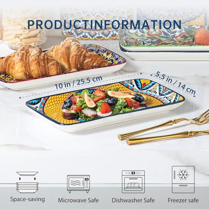 Boho Ceramic Rectangular Serving Plates Set of 6, 10 Inch Dinner Plates | Assorted Patterns, Ideal for Sushi, Salad, Appetizers, Bread & Side Dishes, Microwave & Dishwasher Safe - size: 10 Inch
