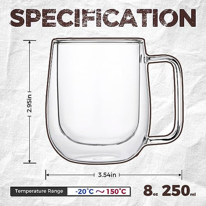 2 Pack Double Wall Insulated Coffee Mugs 8 oz | Clear glass coffee mugs espresso with handle Perfect for Americano, Latte, Cappuccino, Espresso, Beverage and Tea