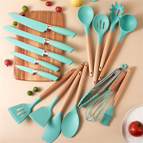 19 Pieces Kitchen Utensils and Knife Set with Block, Inldued 9 Pieces Silicone Cooking Utensils Set 5 Pieces Sharp Stainless Steel Chef Knives Scissors Whisk Tongs and Cutting Board (TEAL) - color: Teal