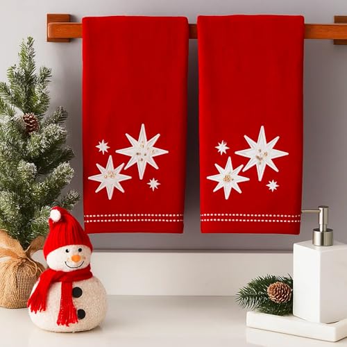 Christmas Bath Hand Towels, Stars with Sequins, Cotton, Red, 16" x 25", Set of 2 - color: Organza Stars