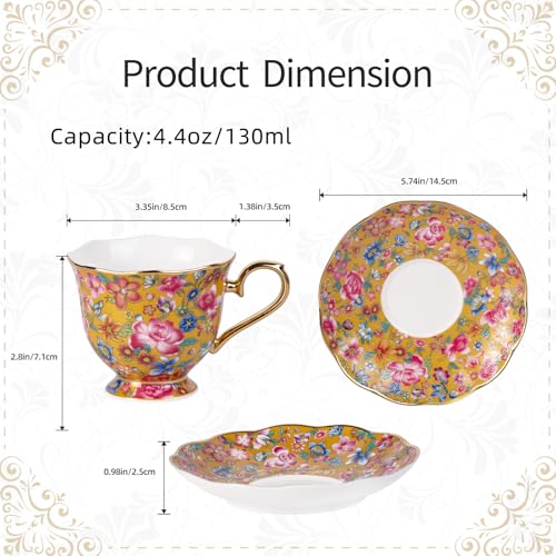KAMMAK Tea Cup and Saucer, Ceramic Coffee Cups, 6.3 oz, Set of 2 | Porcelain Tea Cups with Saucers for Coffee and Cappuccino, Ideal for Breakfast, Afternoon Tea and Entertaining,643N+644N - style: 643N+644N