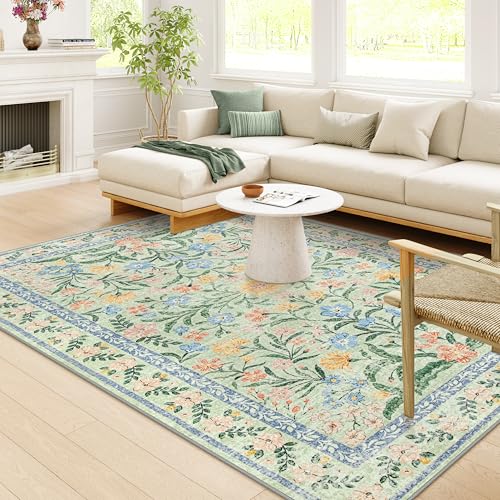 Wonnitar Boho Washable Rugs 8x10, Large Floral Rugs for Bedroom, 8 x 10 Soft Green Living Room Carpet, Non Slip Ultra-Thin Carpet for Kids Playroom Dorm Dining Room - color: Green, size: 8' x 10' (Rectangular)