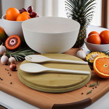 ECOWAY Bamboo Fiber Salad Bowl Set with Lid & Servers, 4Qt Large Serving Bowl with Bamboo Lid, 130OZ Mixing Bowl with Spoon Fork for Salad Fruits Vegetables and Pasta (White, 9.8inch) - color: White with lid