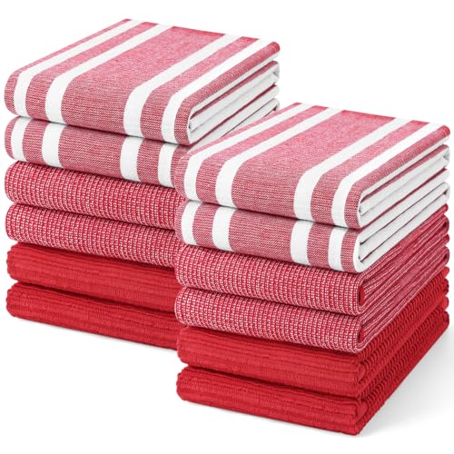 Homaxy Cotton 380 GSM Premium Kitchen Towels, 18"x 28", 12 Pack, Red | Soft and Absorbent Terry Dish Towels, Multipurpose Tea Towel Set with Hanging Loop, 3 Styles Kitchen Hand Towels - color: Red, size: 18" X 28" - 12 Pack