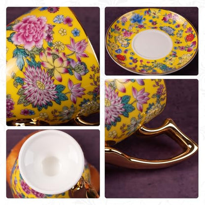 KAMMAK Tea Cup and Saucer, Ceramic Coffee Cups, 7 oz, Set of 2 | Porcelain Tea Cups with Saucers for Coffee and Cappuccino, Ideal for Breakfast, Afternoon Tea and Entertaining,622N - style: 622N
