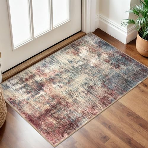 Small Abstract Area Rug 2x3 Ft Entryway Rugs Washable Door Mat Indoor Entrance, Rubber Backed Throw Rugs, Printed Faux Wool Non Slip Floor Carpet for Foyer Front Door Sink, Red/Multi - color: Red/Multi, size: 2' x 3' (Rectangular)