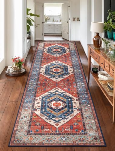 SERISSA 2'6"x10' Washable Non Slip Boho Runner Rug for Hallway，Rust | Ultra Soft Vintage Oriental Carpet Low-Pile Tribal Floor Carpet for Kitchen Bedroom Bathroom Laundry Room - color: Rust/Multi, size: 2'6" x 10' (Runner)