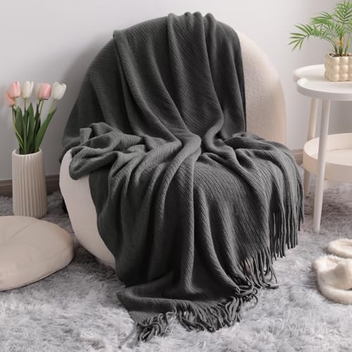 NTBAY Acrylic Knit Throw Blanket, 51 x 67, Grey Striped | Lightweight Acrylic Wave-Knit Throw with 7 Inch Tassels for Sofa, Bed, Reading, Travel, and Decorative Layering - color: Gery, size: Throw (51"x67")