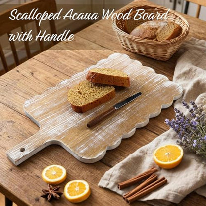 Sintuff Large Acacia Wood Scallop Cutting Board 18 x 10 Wooden Dinner Plate Scalloped Wood Tray Decorative Pastry Dishes for Kitchen Cake Bread Baking Cheese Display
