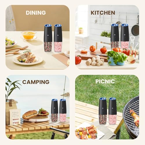 Rechargeable Gravity Salt Pepper Grinder Set, 2 Pack (Black) | Gravity Automatic Grinder With LED Light & Adjustable Roughness, Rechargeable Seasoning Tool For Kitchen Use - color: Rechargeable/Set/Black