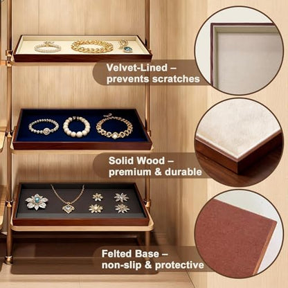 Large Solid Wood Jewelry Watch Tray, Velvet Jewelry Board Display Trays for Key Wallet Ring，Stackable Wooden Jewelry Drawer Organizer Showcase Jewelry Holder(Beige) - color: Beige