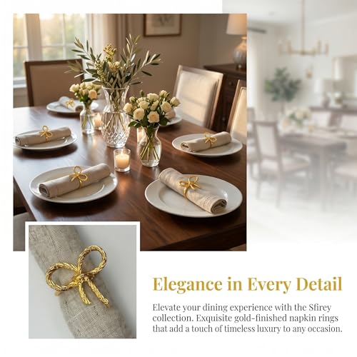 Gold Bow Napkin Rings Set of 4, Shiny Bow Style Holders | Classic bowknot design with polished gold finish adds elegance to Christmas, Thanksgiving, holidays and dinner parties.