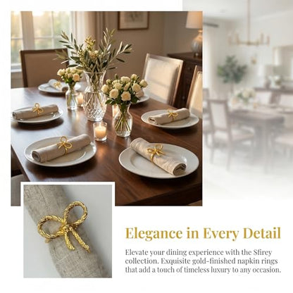 Gold Bow Napkin Rings Set of 4, Shiny Bow Style Holders | Classic bowknot design with polished gold finish adds elegance to Christmas, Thanksgiving, holidays and dinner parties.