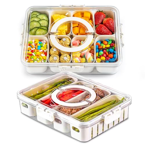 Snackle Box Container,2 Pack Divided Clear Snack Box Serving Tray with Lid and Handle,Charcuterie Board with Lid, Snack Organizer for Beach Picnic, Refrigerator Fresh, Party, Holidays and Travel - color: 8 Compartments+4 Compartments