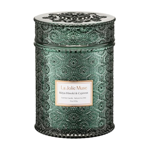 LA JOLIE MUSE Pine & Hinoki Cypress Scented Candles for Home,19 oz Soy | Christmas Winter Holiday Decoration, Luxury Green Jar Candle, Non Toxic, Gifts for Women & Men, Wood Wick, Balsam, Cedarwood - color: Kōya Hinoki & Cypress, size: 19 oz