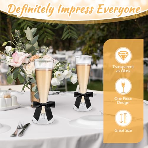 Zopeal 100 Pcs Plastic Champagne Flute Glasses and Bow Set 4.5 oz Gold Glitter Wedding Toasting Goblet 50 Pcs 3.5" Bow Reusable Unbreakable Stemware for Valentine Birthday Party - color: Black, style: Classic