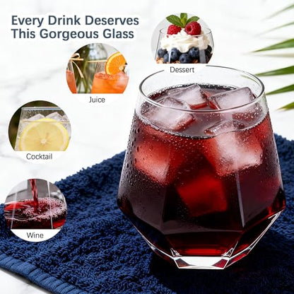 UMEIED 11 oz Diamond Wine Glasses Set of 12, Stemless Geometric Tumblers | For Red Wine, Bourbon, Cocktail, Heavy Base Clear Glass, For Home Bar, Party, Housewarming