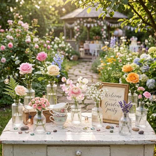 12 Sets Ribbed Glass Bud Vases Set for Flowers in Bulk Mini Smal Mini Ribbed Vases for Centerpiece Table Decorative Wedding Reception, Party, Home Decor, Housewarming Gift