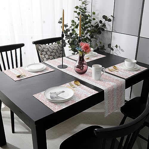 Table Runner and Placemats Set of 6 Tree Branch Decorative Dining Table Runner with Matching Placemats Pink Grey Table Decor for Kitchen Dining Room and Everyday Use 13x90in - size: 13"x90"+6pcs
