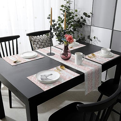 Table Runner and Placemats Set of 4 Tree Branch Decorative Dining Table Runner with Matching Placemats Pink Grey Table Decor for Kitchen Dining Room and Everyday Use 13x70in - size: 13"x70"+4pcs