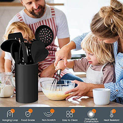Kitchen Utensils Set, E-far 15-Piece Silicone Cooking Utensils with Holder, Non-stick Cookware Friendly & Heat Resistant, Includes Ladle Spatula Spoon Slotted Turner for Cooking & Baking (Black) - color: Black