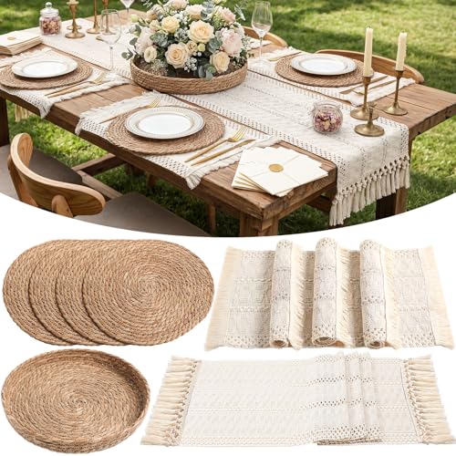 Boho Placemats 4/6/8 Set of Round Woven Placemat Macrame Style Bicolor Stitching Long Table Runner Farmhouse Rustic Natural Burlap Cotton for Kitchen Dining Table(4 Sets,Beige,12x72) - color: Beige, size: 12x72"