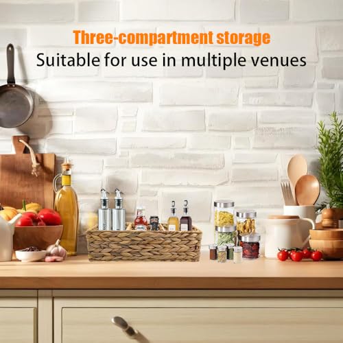 2 Pack 3-Section Woven Water Hyacinth Baskets Rectangular Storage Bins | Multi Compartment Desk Organizer for Countertop, Coffee Bar, Pantry and Toilet Tank Shelves
