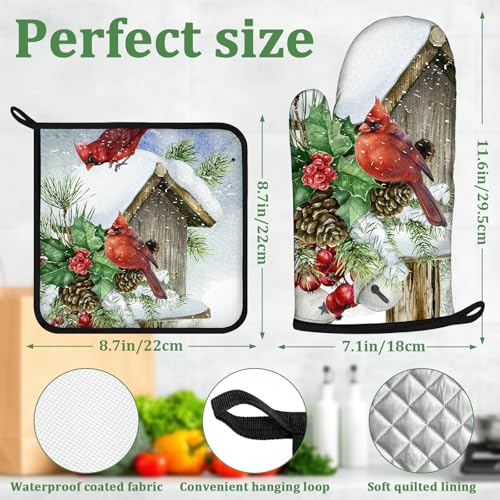 Christmas Cardinal Bird Winter Oven Mitts and Pot Holders Set 4 Pcs Extra Long Heat Resistant Gloves Potholder for Baking, BBQ, Grilling - color: Christmas Cardinal