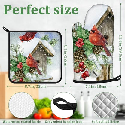 Christmas Cardinal Bird Winter Oven Mitts and Pot Holders Set 4 Pcs Extra Long Heat Resistant Gloves Potholder for Baking, BBQ, Grilling - color: Christmas Cardinal