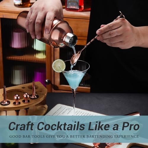 Cocktail Shaker Set Bartender Kit with Stand, 12 Piece Bar Set Drink Mixer Set with Stainless Steel Bar Accessories Tools: 25oz Martini Shaker Jigger Strainer Spoon Muddler for Cocktails (Rose Gold) - color: Rose Gold