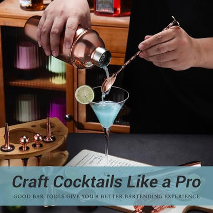 Cocktail Shaker Set Bartender Kit with Stand, 12 Piece Bar Set Drink Mixer Set with Stainless Steel Bar Accessories Tools: 25oz Martini Shaker Jigger Strainer Spoon Muddler for Cocktails (Rose Gold) - color: Rose Gold