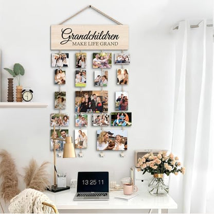 Picture Frames Collage Photo Hanging Display Picture Board Wood Rustic Frames, Grandma Gifts Photo Frame, Mother s Day Gifts for Mom,Mother s day for Women,Grandkids Make Life More Grand Picture Frame, Rustic Farmhouse Wood Hanging Collage Photo Frame - c