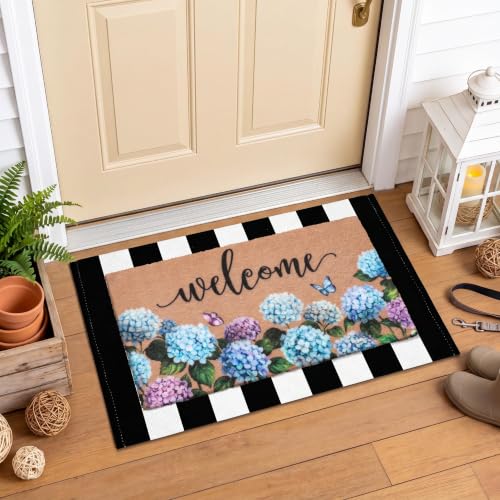 Arttown Welcome Front Coir Rug Door Mats Combo Set 17"x30"+24"x36" | Hydrangea Coir Doormat Thick Backing Floral Flower Rug Non-Slip Durable Front Porch Entryway Decor Indoor Outdoor Floor Mat - color: Hydrangea