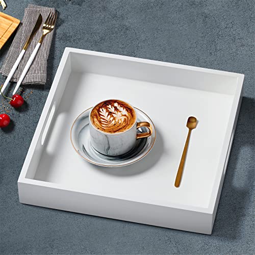 White Wooden Serving Tray with Handles, 12"x12"x2"H Square Countertop Organizer Tray， Decorative Cosmetics Trays for Kitchen, Bathroom, Sturdy Food Trays for Breakfast, Tea