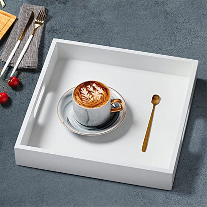 White Wooden Serving Tray with Handles, 12"x12"x2"H Square Countertop Organizer Tray， Decorative Cosmetics Trays for Kitchen, Bathroom, Sturdy Food Trays for Breakfast, Tea
