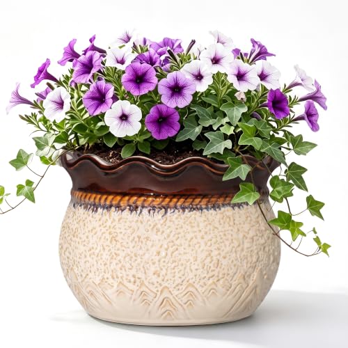 Ceramic Plant Pots, 12 Inch Ceramic Planter, Beige-Brown | Unique Decorative Pots for Plants with Drainage Hole, Large Flower Pot for Indoor Plants, Desk Decor, Housewarming Gifts - color: Beige Brown, size: 12 Inch