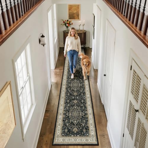 RELEANY Washable Vacuum-Friendly Area Rugs Runner 2'x10' Black/Vintage | Low Pile Stain-Resistant, Soft Non-Slip, Floral Vintage Distress Print Pattern Medallion, for Living Room Bedroom Hallway - color: Black/Vintage, size: 2' x 10' (Rectangular)