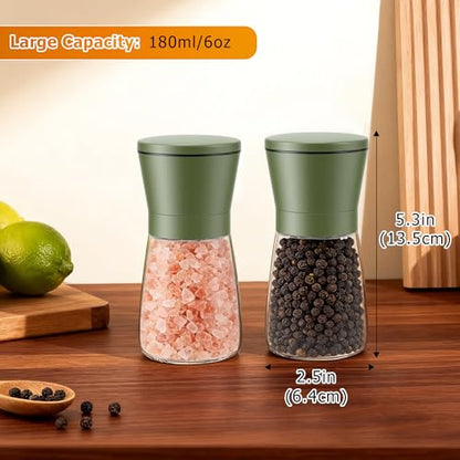 R DRURLCD Sage Green Stainless Steel Sea Salt and Pepper Grinder Set of 2 - Adjustable Ceramic Glass Salt and Pepper Shakers - Kitchen Pepper Mill & Salt Mill W/Funnel - color: Green, size: 2PK