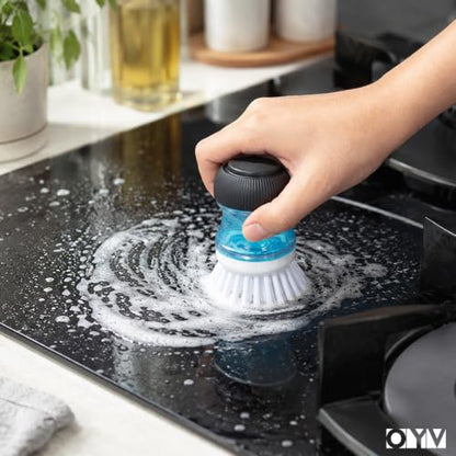 OYV Soap Dispensing Palm Brush Set | Includes Silicone Drip Tray, 1 Refill, Non-Scratch Nylon Bristles, Kitchen Dish Scrub Brush for Cleaning Pots, Pans, Sinks - color: White/Clear/Black
